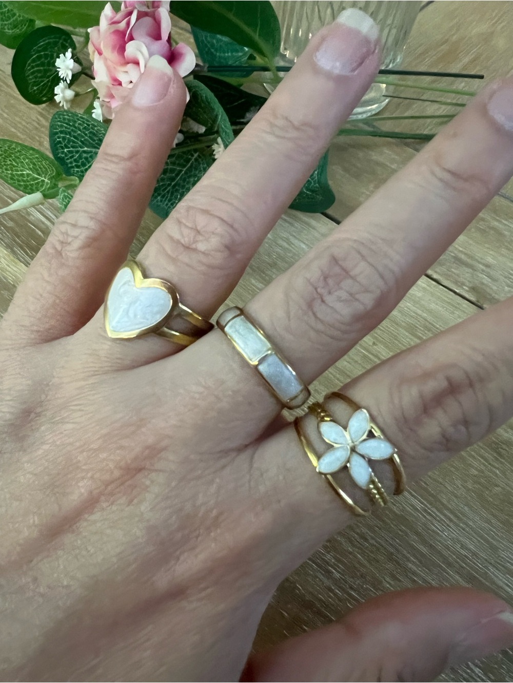 Set of 3 Gold-Plated White Inlay Floral & Heart Ring Set - Women Jewelry